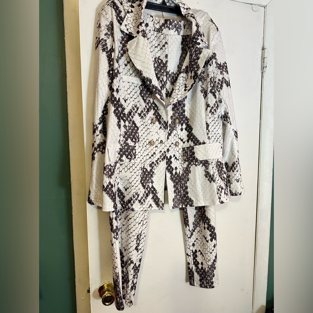 Women’s two-piece plus size snake print jacket and pants suit.